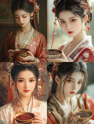 一个古代美少女，捧着花椒，近景 中式服装