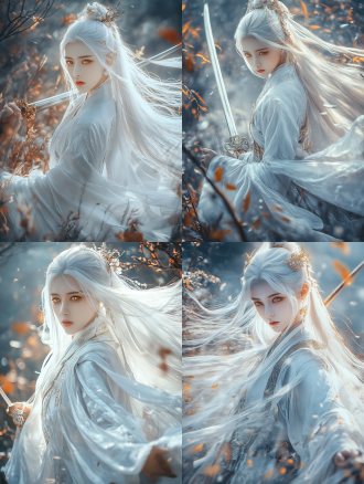 女子侠客修仙者，月白色长发，白色长袍，金色眼睛，仙境背景，超现实风格，广角镜头，柔和光线，动态模糊，神秘感，冷色调，宁静。 中式服装