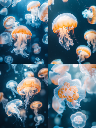 从海底向上仰拍，橙色的水母，透明白色的水母，有大有小，各种形状，深海蓝调，柔和光线，水下世界，长焦镜头，慢速快门，梦幻氛围，神秘感，生物发光，宁静。