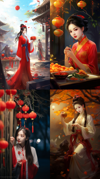 农村过年集市上，年画，灯笼，美丽古代女子，发如乌瀑，脸似玉盘，双眸明亮如星辰，红唇娇艳欲滴，尤其是那身姿曼妙，如诗如画，宛如一曲江南小调，让人回味无穷，4k，全身像，