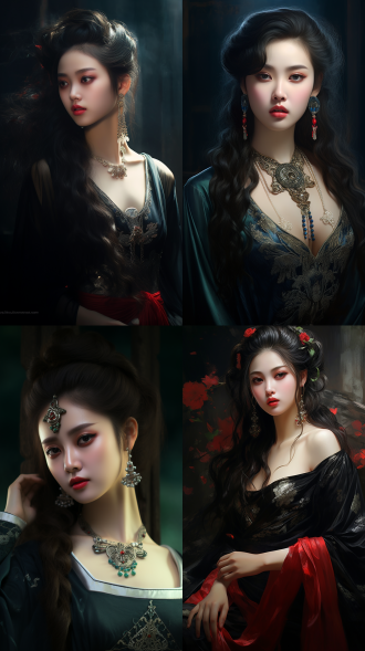 美丽古代女子，发如乌瀑，脸似玉盘，双眸明亮如星辰，红唇娇艳欲滴，尤其是那身姿曼妙，如诗如画，宛如一曲江南小调，让人回味无穷，4k，全身像，