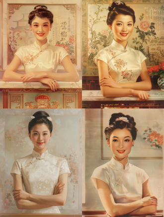 美女站柜台前，正面站姿，亚洲面孔，微笑，白皙肌肤，白色无袖旗袍，胳膊抱胸，盘头，简单背景，民国时期，手绘艺术，疯狂细节，旗袍，正面视角，细腻肌肤，优雅姿态，复古风格，高分辨率，艺术质感，传统服饰，文化特色，静态美，正面光，柔和色调，细腻纹理，文化氛围，艺术表现，高细节，传统美，静态构图，优雅风格，复古色彩，文化传承。