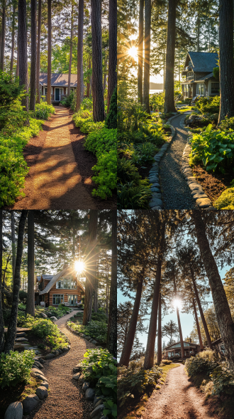 海边木屋花园，参天大树，曲径通幽，阳光明媚，对称构图，自然光，广角镜头，高饱和度，绿色调，宁静，舒适。