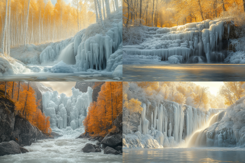 高原冰川流水，千奇百态的各种冰柱冰瀑冰凌冰花，桦树林，广角镜头，自然光线，金黄色调，宁静氛围，远景，层次感，柔和光影，自然景观，平静，秋意，诗意