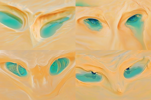 特写摄影。在延绵起伏的沙丘中，一座沙丘的沙脊弯曲形状似狐狸的鼻梁和眼框，两侧各有一池湖水，形状如同狐狸的眼睛，灰白色的沙，尉蓝的湖水，无人机俯拍，特写画面，逼真，高清，细节详细，逼真，大自然的鬼斧神工和神奇