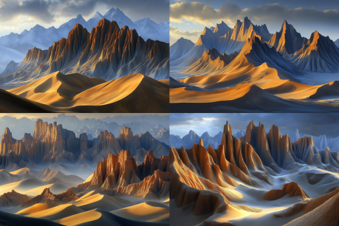 一张超凡脱俗的风景照片。一座被风和雨侵蚀的巨大的丹霞岩石，红色岩石以参差不齐，交错和分层的形式排列，岩石表面光滑，前景为滚动起伏的沙漠沙丘，其柔软起伏的波浪创造了一种纹理，与背景中岩石山峰的崎岖形成了对比。金色的太阳光线创造了强烈的光与暗的对比，突出了岩石地层的复杂细节，暖色系，神密和寂静，宽阔的视角，山顶拍摄，全景