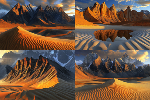 一张超凡脱俗的风景照片。一座被风和雨侵蚀的巨大的丹霞岩石，岩石以参差不齐，交错和分层的形式排列，岩石表面光滑，前景为滚动起伏的低矮沙丘，其柔软起伏的波浪创造了一种纹理，与背景中岩石山峰的崎岖形成了对比。岩石前有一池清澈的湖水，金色的太阳光线创造了强烈的光与暗的对比，突出了岩石地层的复杂细节，暖色系，神密和寂静，宽阔的视角，山顶拍摄，全景