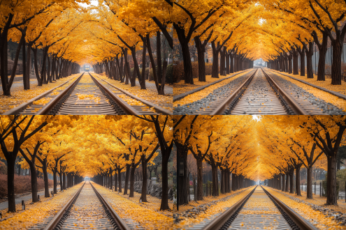 在桂花树下，一条火车道蜿蜒伸向远方。 金秋时节，桂花绽放，细碎的花朵如同繁星般挂满枝头，散发出甜美的香气。微风拂过，金黄色的花瓣纷纷扬扬地飘落，在地面上铺就了一层金黄的花毯。火车道就位于这片桂花林之中，铁轨在阳光下泛着冷硬的金属光泽。枕木整齐地排列着，仿佛在诉说着岁月的故事。偶尔，会有一列火车呼啸而过，打破这里的宁静。火车的轰鸣声与桂花的簌簌声交织在一起，构成了独特的乐章。而当火车远去，一切又重新归于平静，只剩下桂花的芬芳在空气中弥漫。