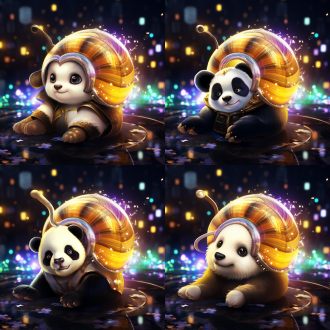 1主体风格：赛博朋克风格 2主体形象： -一只圆润可爱的金色的卡通蜗牛，身披半透明的浅金色螺旋壳，壳上镶嵌着闪烁的星尘；蜗牛背驮着卡通版地球仪； 蜗牛有着大熊猫的眼圈和眼睛；蜗牛触角顶端悬浮着迷你日月，形成微缩宇宙特效 3动态设计 - 蜗牛正在彩虹桥上爬行，身后留下星光轨迹 4背景元素 底色为深邃星空渐变，流星拖着磷光划过；地面散布水晶蘑菇与荧光蒲公英；左上角云朵组成笑脸，洒落糖果色雨滴