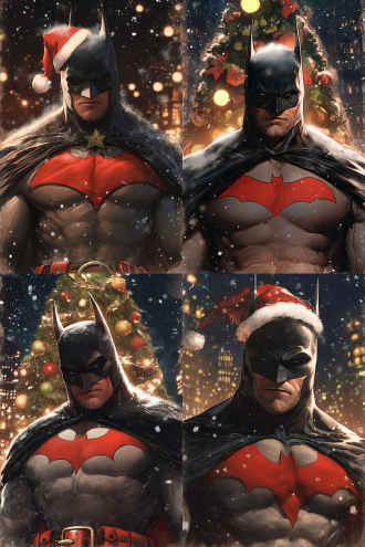 圣诞节版本蝙蝠侠高清头像，正面构图，城市夜景，暗黑风，超广角镜头，顶光，细节丰富，色彩绚丽，冷峻表情，硬派帅气。