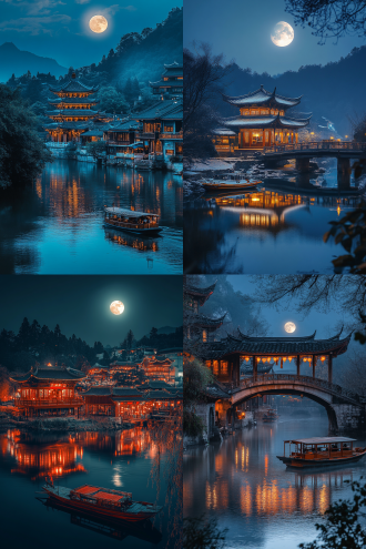 姑苏城外寒山寺，夜半钟声到客船。夜晚，明月，苏州城外小河边，古桥，小船，古寺。uhd 8k高清晰摄影风格。