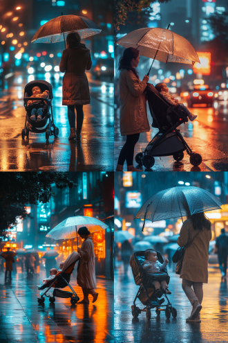 城市里，雨天的夜晚，一位妇女，一手推着童车，童车里坐着娃娃，妇女另一手撑着雨伞，为娃娃挡雨，在马路上行走，侧面，逆光，有倒影，uhd 8k高清晰摄影风格