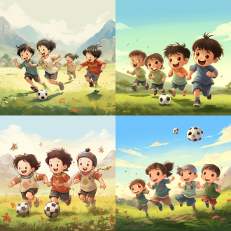 现代中国卡通小孩4-6个，与中国古代宋朝卡通小孩4-6个，一起踢足球，面对面，高清晰度，草地上，有远山，暖色调，长焦镜头，柔和侧光，奔跑，微笑，好奇。