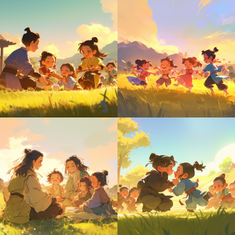 穿越时空，时空对话，现代中国卡通小孩与中国古代唐朝卡通小孩4-6个，一起玩游戏，面对面，高清晰度，草地上，有远山，暖色调，长焦镜头，柔和侧光，奔跑，微笑，好奇。