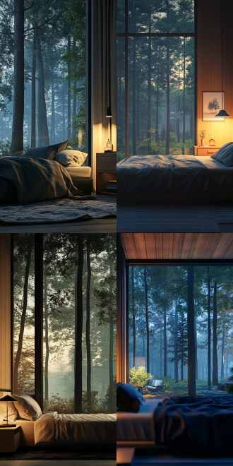 夏天夜晚，森林，展台，现代卧室，床头柜上不放东西，远景，正视图