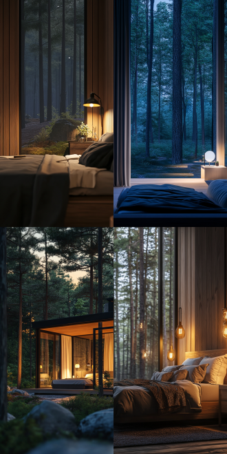 夏天夜晚，森林，展台，现代卧室，床头柜上不放东西，远景，正视图