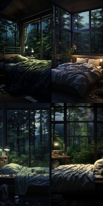 夏天夜晚，森林，展台，现代卧室，床头柜上不放东西，远景，正视图