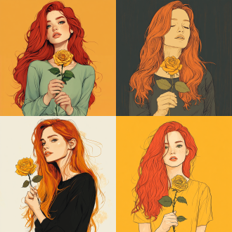 手捧金色玫瑰的红发女性，线稿，速写风格，中心构图，画面简洁，明亮色彩，素描效果，纹理丰富，自然光线，手绘感，静态。