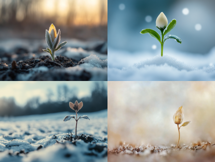 种子在土里蓄积力量，中心构图，简洁画面，冬季场景，冷色调，大光圈虚化背景，柔和顶光，安静等待，坚韧。