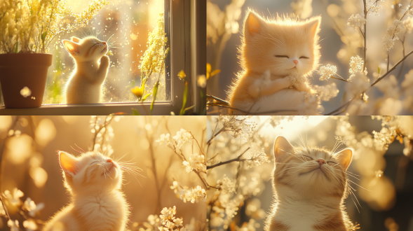 小宝春日打喷嚏，三分构图，温馨室内，中长焦镜头，逆光，特写，花粉柳絮，难受表情，暖黄调，过敏愁绪。