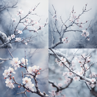 寒冬中梅花盛开，中心构图，雪地背景，水墨画风格，长焦镜头，冷色调，柔和侧光，宁静，孤高。