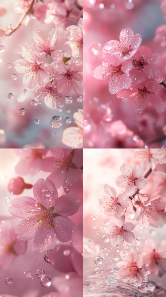 樱花微距，浅粉色背景，半透明纹理，水花飞溅，华丽色彩，8k超高清，动漫美学，近景，oc渲染器，细腻质感，柔和光线，动态模糊，鲜艳色彩，清新氛围。