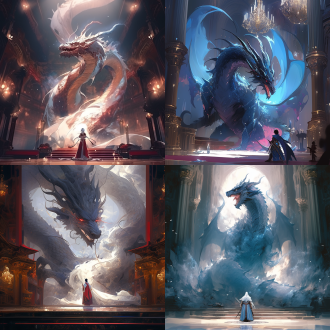 帝王在宫殿遇龙幻变，中心构图，宫殿内，冷色调，长焦镜头，顶光，凝视，光影闪烁，威严神秘。