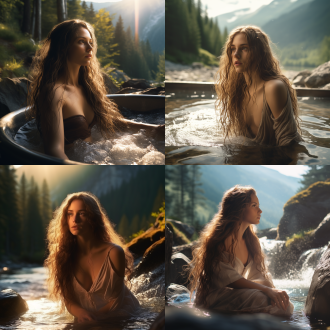 美女正面出浴，长发垂落，五官清晰，山水树林环绕，对角线构图，唯美风，4k画质，暖光，长焦镜头，宁静。