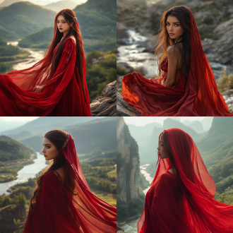 东方美女着红色薄纱，长发垂落，五官清晰，山水树林间，对角线构图，暖色调，长焦镜头，侧逆光，唯美氛围。