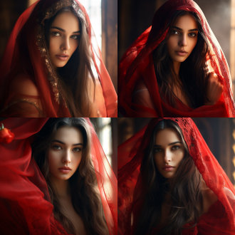 东方美女着红薄纱长发垂落五官清晰，对角线构图，梦幻背景，暖色调，长焦镜头，侧逆光，唯美氛围。