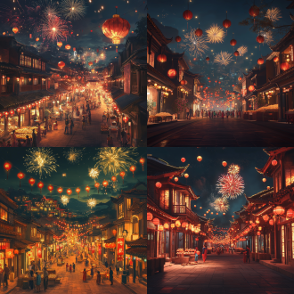 古代风格元宵庆典，街道两边的建筑物挂红灯笼，大街上金龙舞动，家人做汤圆孩子猜谜，夜空绽放七彩的烟花，红金配色，水墨元素，8k，电影光，超写实，横版。