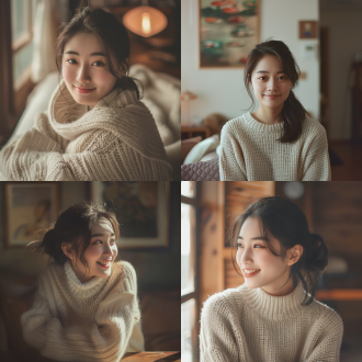 二十多岁中国女生写真，居中构图，室内内温馨风，浅景深，侧光，自然光，微笑，肤色白皙，暖色调，自信，全身。