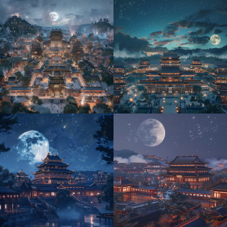 the great tang imperial city, a cluster of chinese palace architecture, long shot, cool color palette, hyper-realistic style, moon, starry sky, movie lighting, natural environment, rich in layers, meticulously solemn.