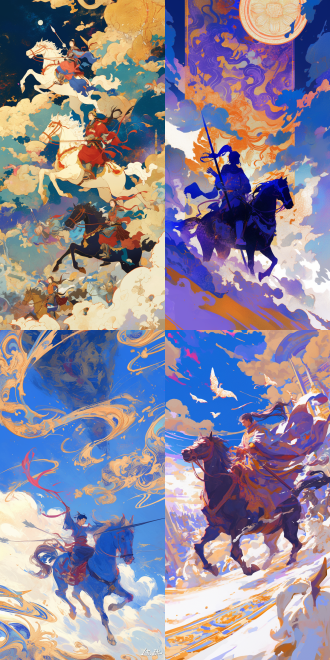 敦煌艺术插画风，古代铠甲骑士骑马射箭，胡服骑射，线条柔和流畅，朱红与靛蓝色彩对比，祥云金箔背景，伦勃朗灯光，莫高窟风格，天蓝靛蓝紫罗兰白紫白金浅青浅蓝艳蓝，动画艺术风格。