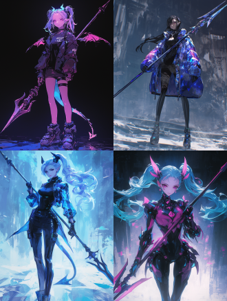 手持长戟的vampire少女，科幻风,赛博朋克，蝙蝠元素，霓虹，全息，身材修长，动漫风格，特写，全身照片，高清，高精度，高质量，多细节，鲜艳的色彩，柔和的光线。 全身 卡通 海洋朋克 迪奥