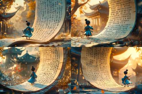 奇幻世界，手绘插画。空中悬浮巨大的透明纱卷轴，写满中文书法，一个小小的文人走在卷轴上。立体，叠纸、折纸。 动画艺术 三维 角色设计 光纤