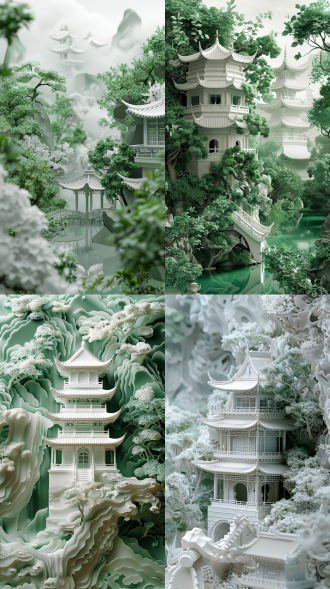 夏天的风景，茂密的树林，亭子，文昌塔，白底中国画，绿色，纸质插画：2，3d浮雕，8k，高清，