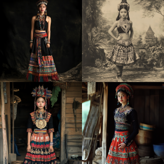 西双版纳傣族美女，穿着傣装裙子、全身照