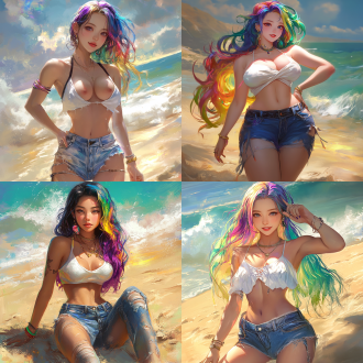 微胖亚洲美少女，白色半透明吊带，紧身牛仔裤，勾勒出超s型身材，活力四射，彩色头发，表情生动。 全身 氛围感照明 海边沙滩背景