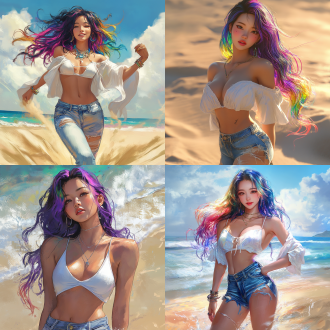 微胖亚洲美少女，白色半透明吊带，紧身牛仔裤，勾勒出超s型身材，活力四射，彩色头发，表情生动。写实风格， 全身 氛围感照明 海边沙滩背景