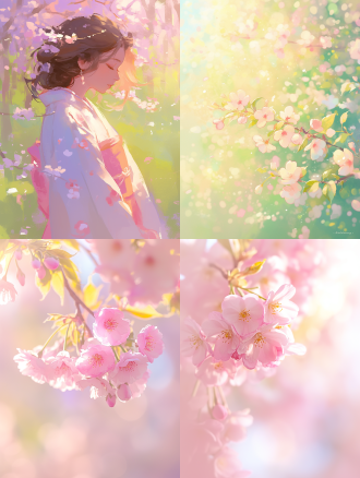 春暖花开，花园中，樱花盛开，柔和光线，长焦镜头，浅景深，粉色与绿色，温暖，宁静。