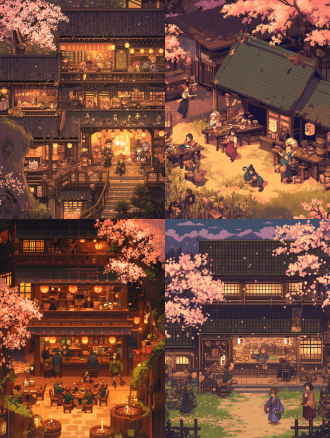 beautiful detailed pixel art, inspired by takehisa yumeji, detailed trees in bloom, tavern, inspired by john wonnacott, view(full body + zoomed out), telegram sticker, sakura season, screenshot from game, yuya nagai, crowded, full width, world of lute, warmly lit