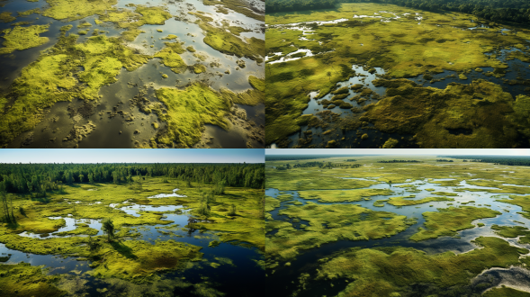远古沼泽湿地，航拍大景，高分辨率，广阔，绿色调，中心构图，全景镜头，顶光，平静，静谧。