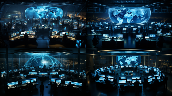 大型指挥中心场景，对称布局，科技感环境，冷色调，全景镜头，顶光，人员忙碌操作，紧张有序。