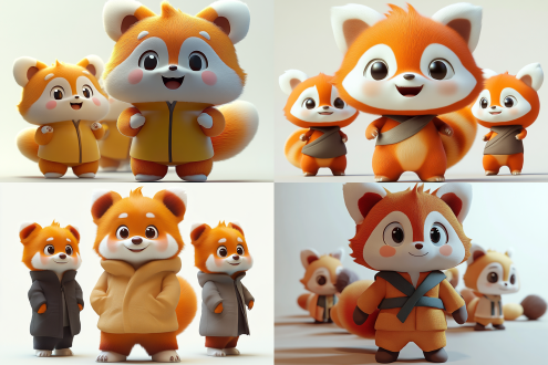 皮卡小熊猫，毛茸茸胖乎乎，服装各异，表情不同，高兴、悲伤、愤怒、呆萌、惊讶、夸张动作，3d角色，白色背景，细长形状，卡通风格，极简主义，柔和光线，高饱和色彩，圆润线条，可爱表情，静态姿势，简洁构图，温馨氛围。