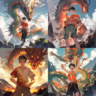 16岁中国少年，二次元风格，身高172，瘦但有肌肉，黑色短发，琥珀色眼睛，红色短袖带龙图案，黑色短裤，金色项链，黄色石头手表，站在山峰挥手，背景火龙盘旋蓝绿色山水，主体大背景小，高对比度，暖色调，广角镜头，侧光，快速快门，动感，自信。