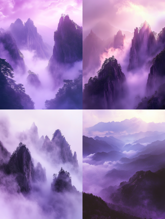 庐山香炉峰晨雾渐散，阳光穿云，山峰被照亮水气蒸腾紫烟缭绕，对称构图，风景摄影，长焦镜头，逆光，宁静。