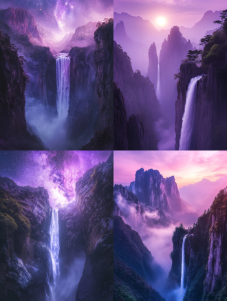 高清真实风格，国家地理级别的自然摄影，庐山瀑布全景，日照香炉峰生紫烟，瀑布如白虹悬挂，飞流直下三千尺，疑似银河落九天。使用dslr相机拍摄，f/8光圈，1/125秒快门速度，24mm广角镜头，iso100。画面色彩鲜艳，电影化的光线处理，深景深，展现出瀑布的壮美与大自然的鬼斧神工