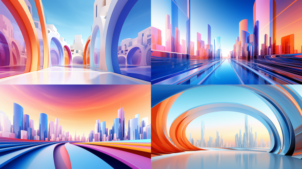 城市建筑地平线，明亮多彩的橙蓝紫圆形设计，32k uhd风格，流畅曲线，浅蓝与浅米色，超现实细节，具体派艺术，uhd图像，动态色彩组合，广角镜头，柔和侧光，高饱和度，现代建筑，抽象艺术，光影对比，视觉冲击。