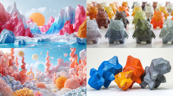 明亮色彩橡皮泥，多边形生物漂浮，白色背景，c4d，黏土文理，柔和色调，极简主义，对称构图，高饱和度，广角镜头，正面光，静态，创意，和谐。